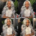 Collage of a person with silver hair wearing a white top, with text '100% Human Hair' displayed.