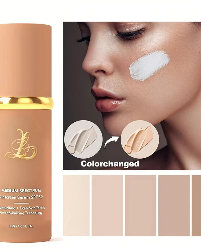 Sunscreen serum bottle with gold cap and 'Colorchanged' feature illustration on a white background