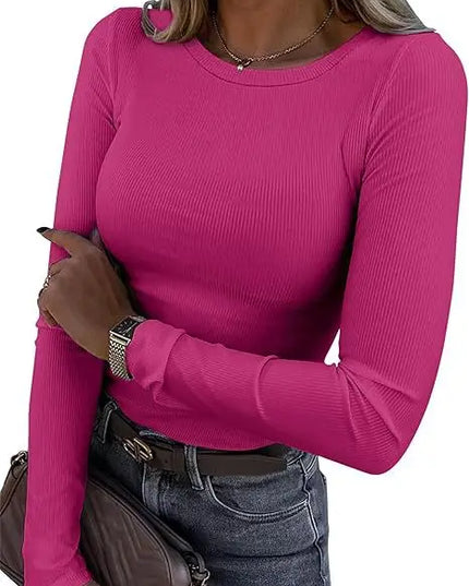 European and American new women's long sleeved elastic round neck ribbed T-shirt slim fit casual basic top