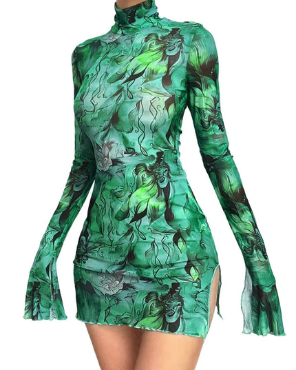 Y2K Mesh Bodycon Dress – Bell Sleeves, Open Hip Design (Copy)