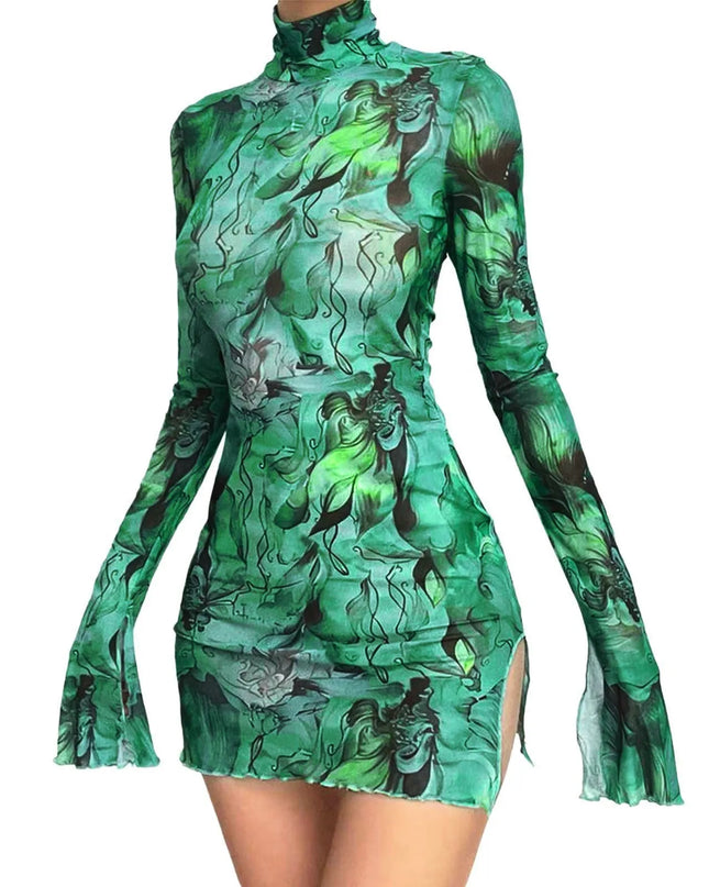 Y2K Mesh Bodycon Dress – Bell Sleeves, Open Hip Design