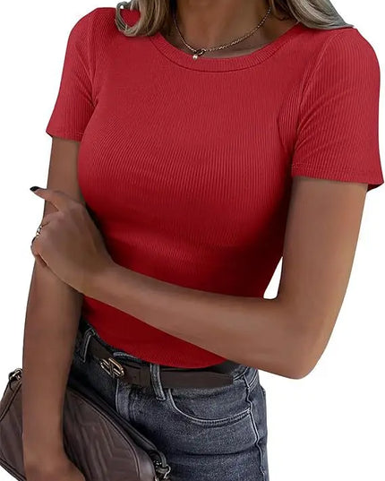 European and American new women's long sleeved elastic round neck ribbed T-shirt slim fit casual basic top