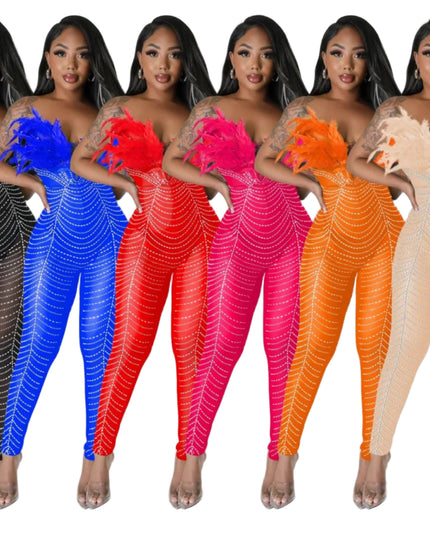 HLJ Sexy Feather Luxury Rhinestone Bodycon Jumpsuits Women Mesh Sleeveless