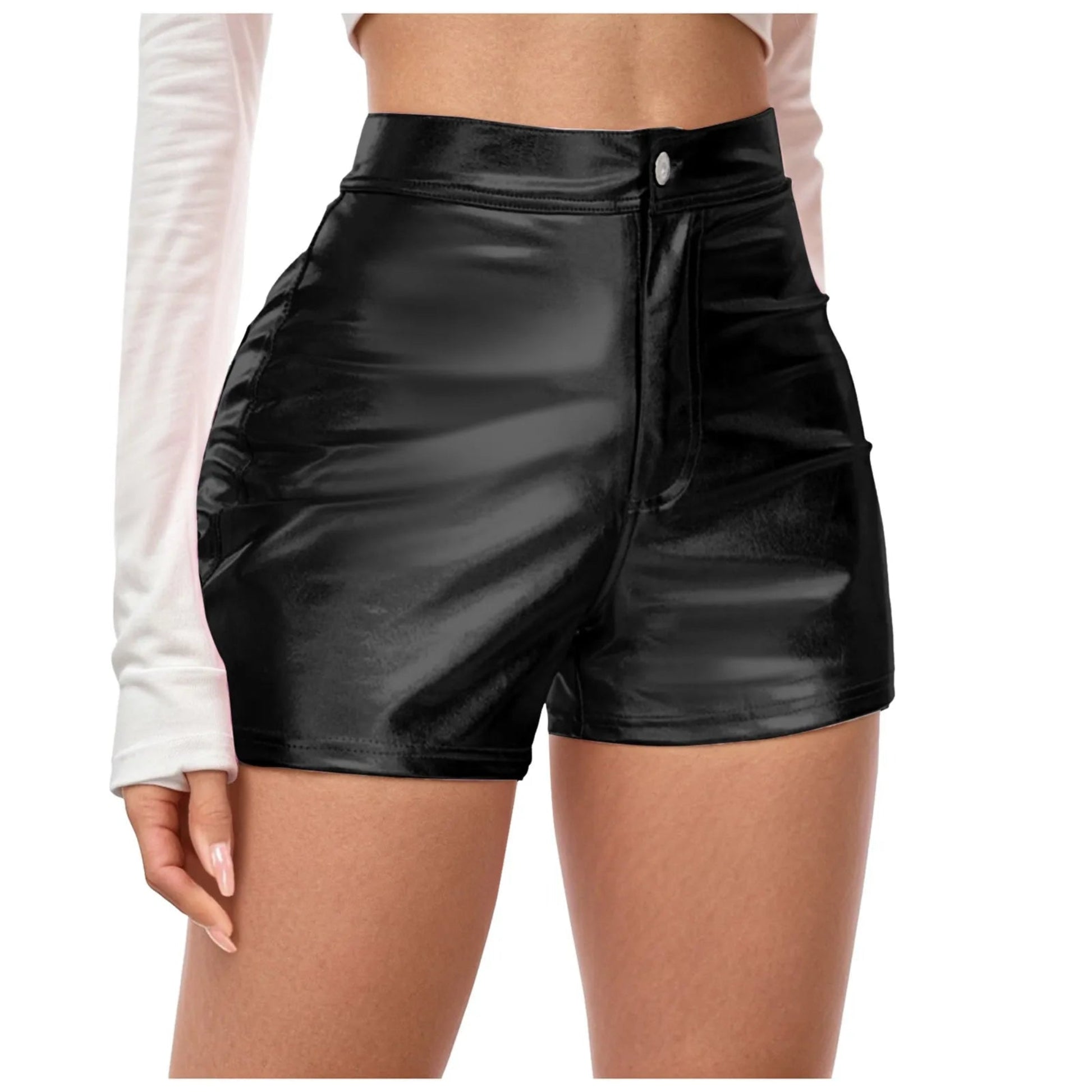 Black shiny shorts worn by a person on a white background