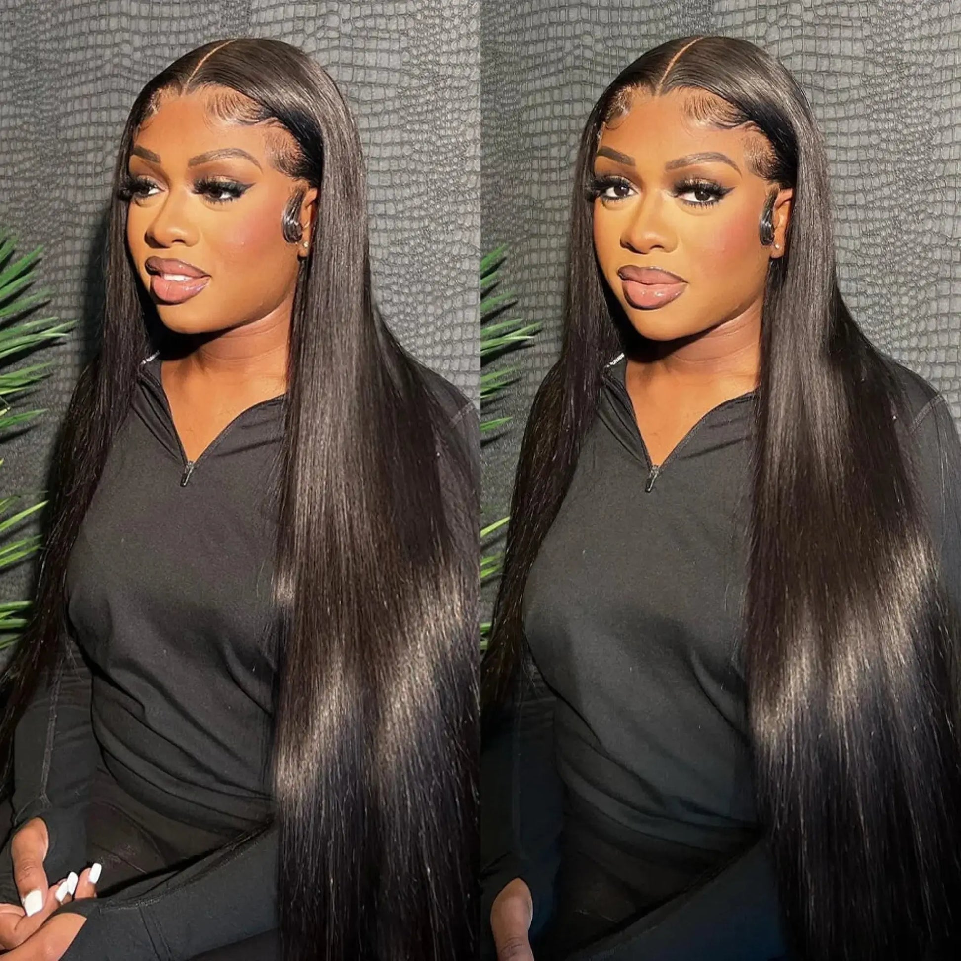 Woman with long straight hair wearing a black top against a textured gray background.