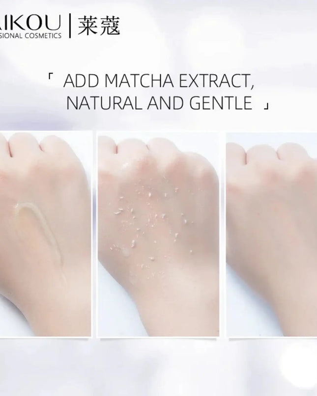 Product demonstration with LAIKOU branding and matcha extract text on a white background