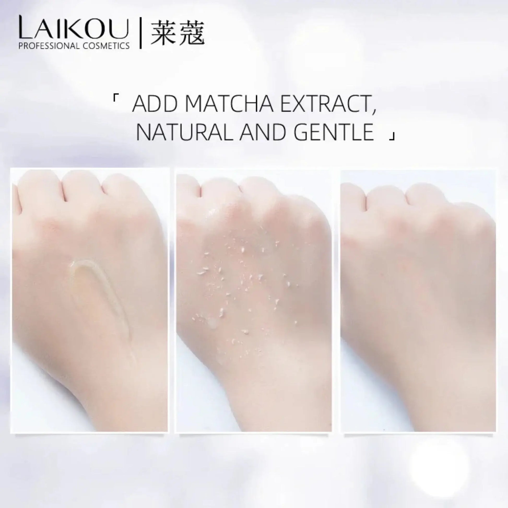Product demonstration with LAIKOU branding and matcha extract text on a white background