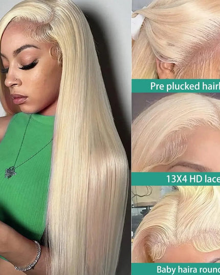 Blonde wig with close-up details on a gray background