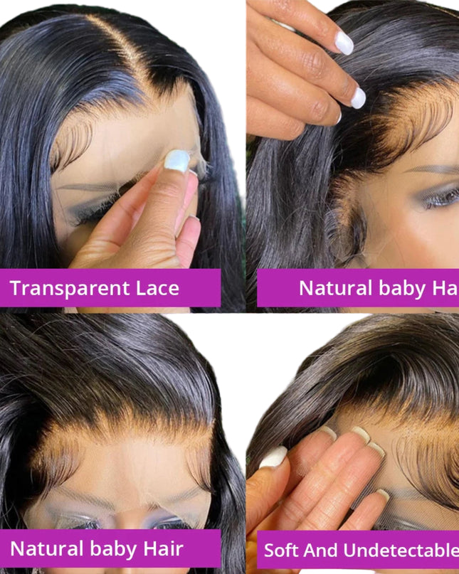 Collage of a hair product with transparent lace, natural baby hair, and soft undetectable lace.