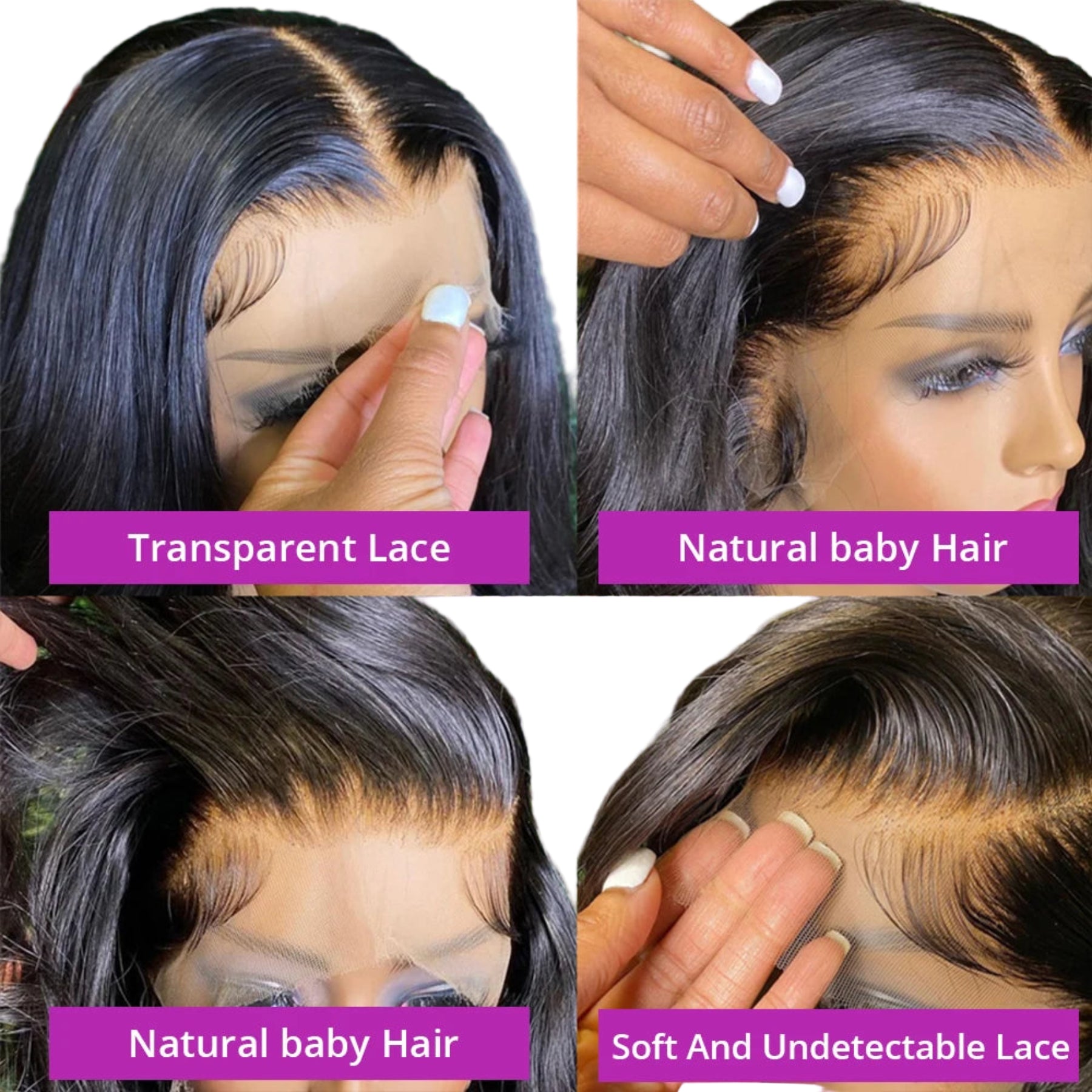 Collage of a hair product with transparent lace, natural baby hair, and soft undetectable lace.