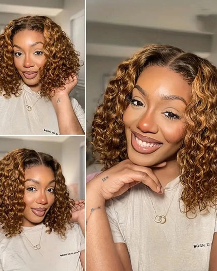 Collage of a woman with curly hair wearing a 'Born to' shirt.