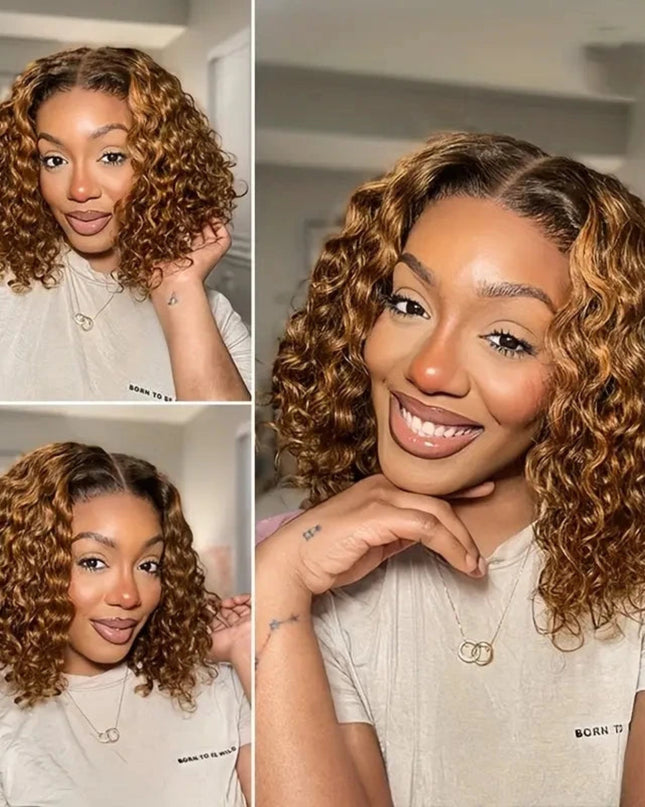 Collage of a woman with curly hair wearing a 'Born to' shirt.