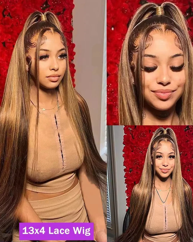 Woman wearing a 13x4 lace wig with a red floral background