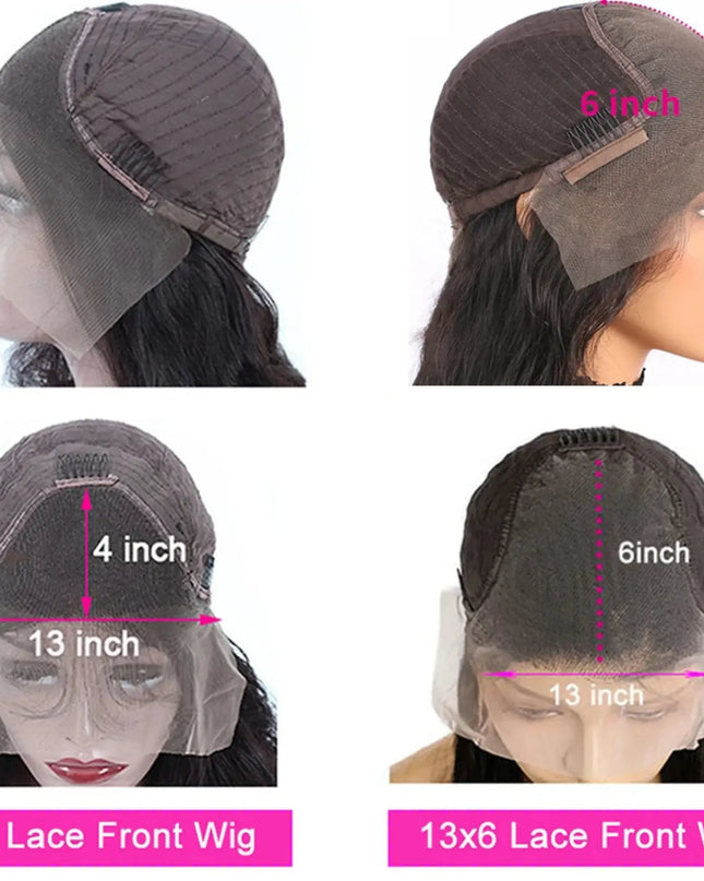 Comparison of 13x4 and 13x6 lace front wigs on mannequin heads with measurements.