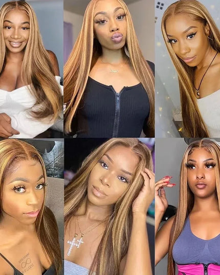 Collage of women wearing honey blonde highlight ombre wig, showcasing different styles and looks, perfect for cosplay or parties.