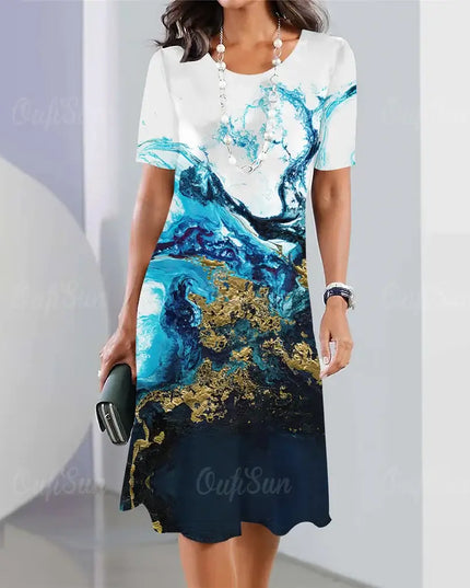 Summer Women's Dresses 3D Floral Print Short Sleeve Dress with Blue and Gold Design