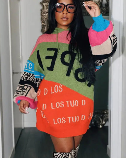 Oshfall European and American autumn and winter hooded drawstring long sleeves color matching letters loose long women's sweater