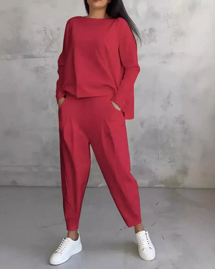 Women's Two-piece Solid Color Round Neck Long Sleeved Top and Casual Pants Set for Autumn 2024