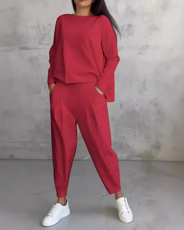 Women's Two-piece Solid Color Round Neck Long Sleeved Top and Casual Pants Set for Autumn 2024