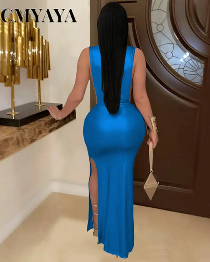CM.YAYA Women's Gilding Cutout Bodycon Maxi Dress showcasing a sleek blue design with side slits and elegant back view.