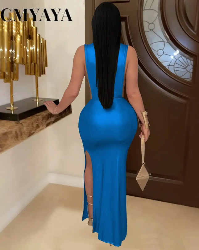 CM.YAYA Women's Gilding Cutout Bodycon Maxi Dress showcasing a sleek blue design with side slits and elegant back view.