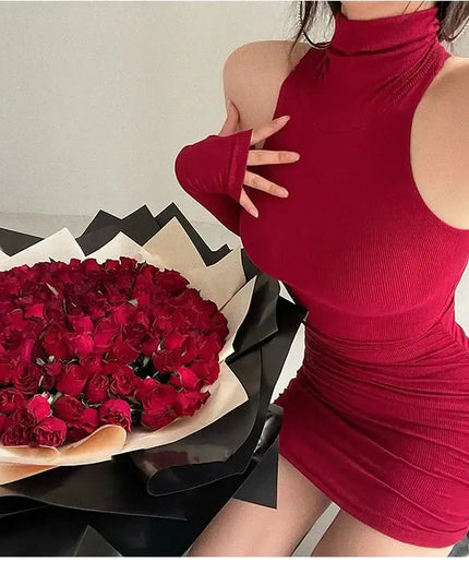 A woman showcasing a red high neck bodycon dress next to a bouquet of roses, perfect for summer outings.