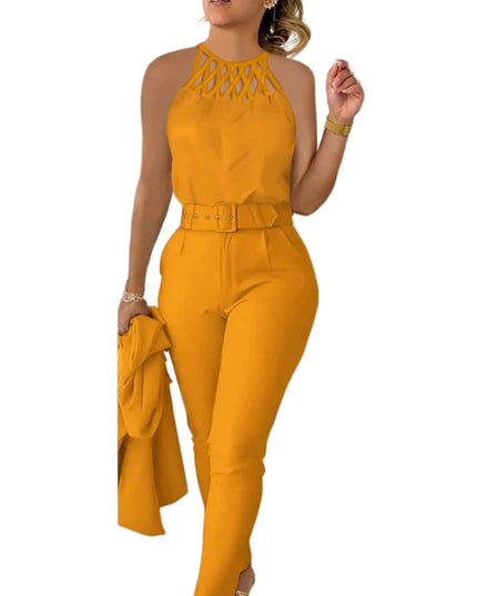 Woman wearing a mustard yellow jumpsuit with a white background