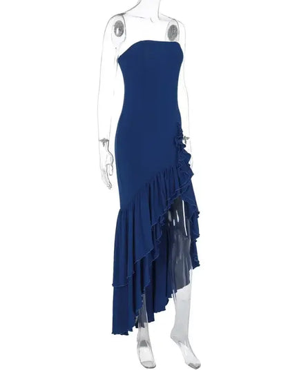 sexy strapless summer dress in navy blue with an irregular ruffle design, ideal for stylish spring and summer occasions.