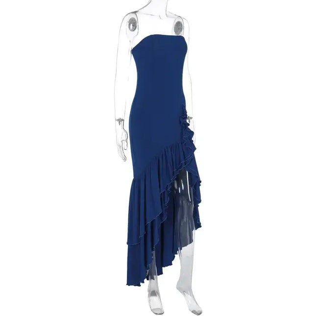 sexy strapless summer dress in navy blue with an irregular ruffle design, ideal for stylish spring and summer occasions.