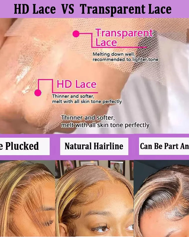 Comparison of HD lace and transparent lace hair extensions with text and images of a person wearing a wig.