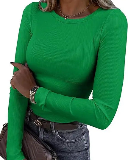 European and American new women's long sleeved elastic round neck ribbed T-shirt slim fit casual basic top