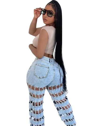 High Waist Hollow Out Denim Pants - Chic & Trendy Style