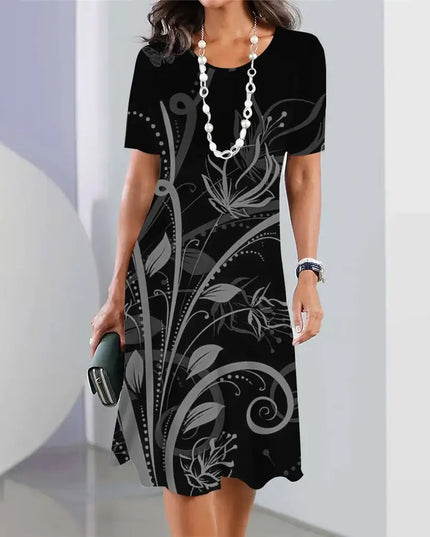 Summer Women's Dresses 3D Floral Print Elegant Short Sleeve A-Line Dress with Black Background and Flower Design