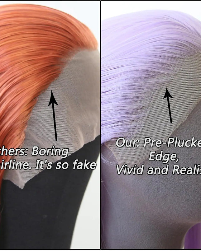 Comparison of hairline designs with text indicating 'Others: Boring hairline. It's so fake' and 'Our: Pre-Plucked Edge, Vivid and Realistic'.
