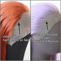 Comparison of hairline designs with text indicating 'Others: Boring hairline. It's so fake' and 'Our: Pre-Plucked Edge, Vivid and Realistic'.