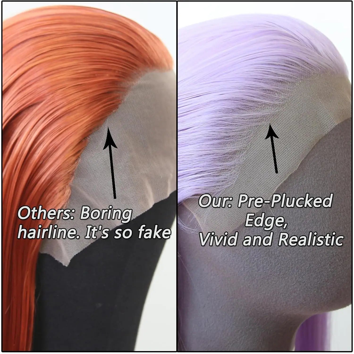 Comparison of hairline designs with text indicating 'Others: Boring hairline. It's so fake' and 'Our: Pre-Plucked Edge, Vivid and Realistic'.