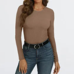 European and American new women's long sleeved elastic round neck ribbed T-shirt slim fit casual basic top