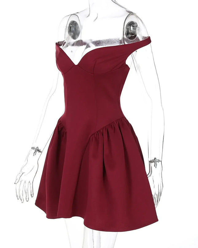 Elegant off shoulder mini dress party in burgundy with draped V neck and flared A-Line skirt.
