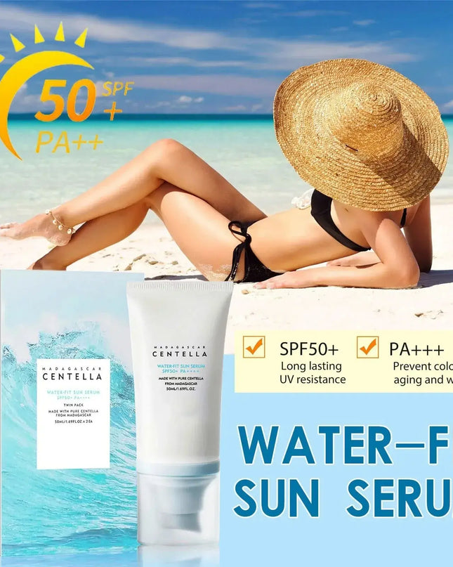 Model applying 50+ SPF Centella Water-Fit Sun Serum on the beach, highlighting UV protection and skin care benefits.