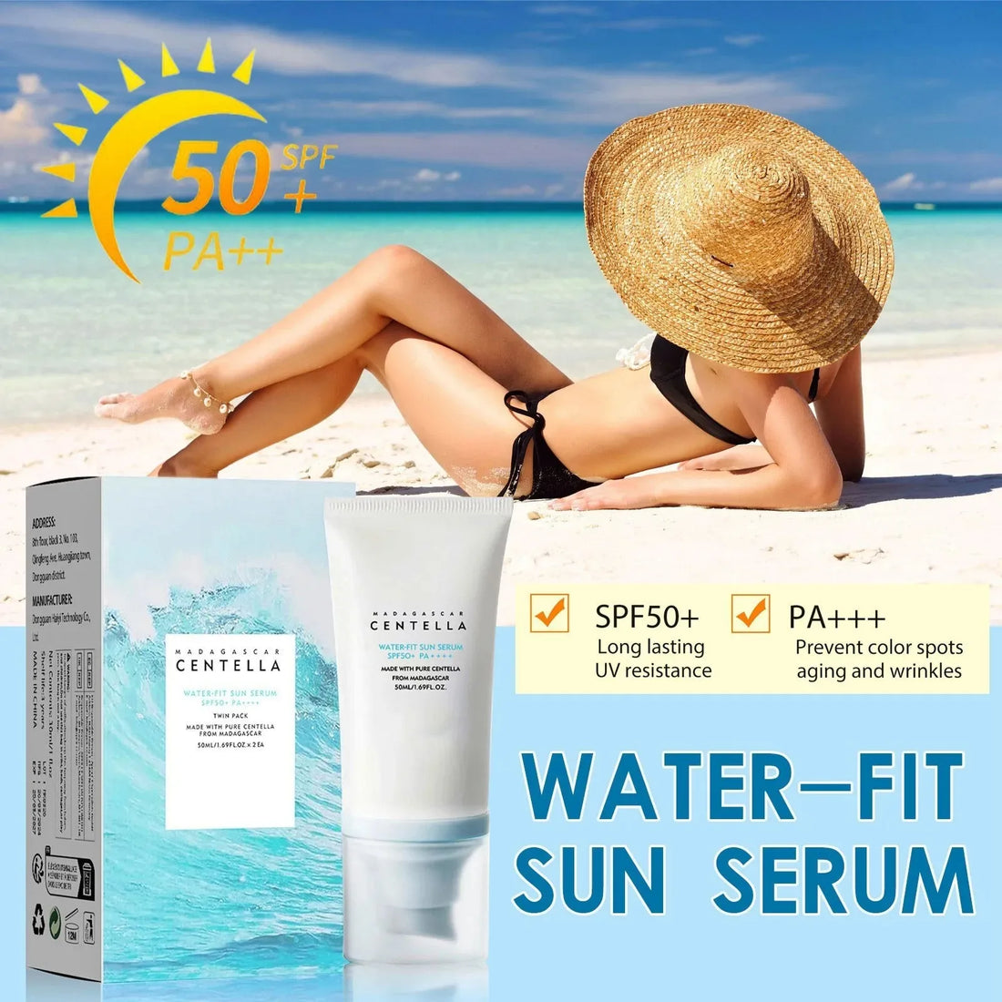 Korean sunscreen tube with packaging, featuring Centella for moisturizing and skin protection, 50ml.