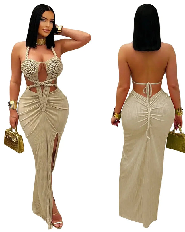 Woman modeling a beige dress with intricate detailing, front and back views, holding a matching handbag.