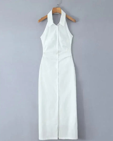 Single Breasted White Cotton Linen Summer Dress for Women, Backless Halter Design, Casual Midi Style