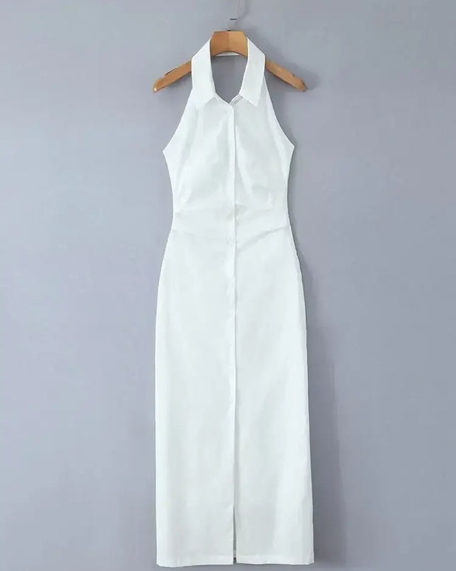 Single Breasted White Cotton Linen Summer Dress for Women, Backless Halter Design, Casual Midi Style