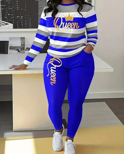 Plus Size Women's Fashion Striped Print Two-Piece Set Women's Casual Suit