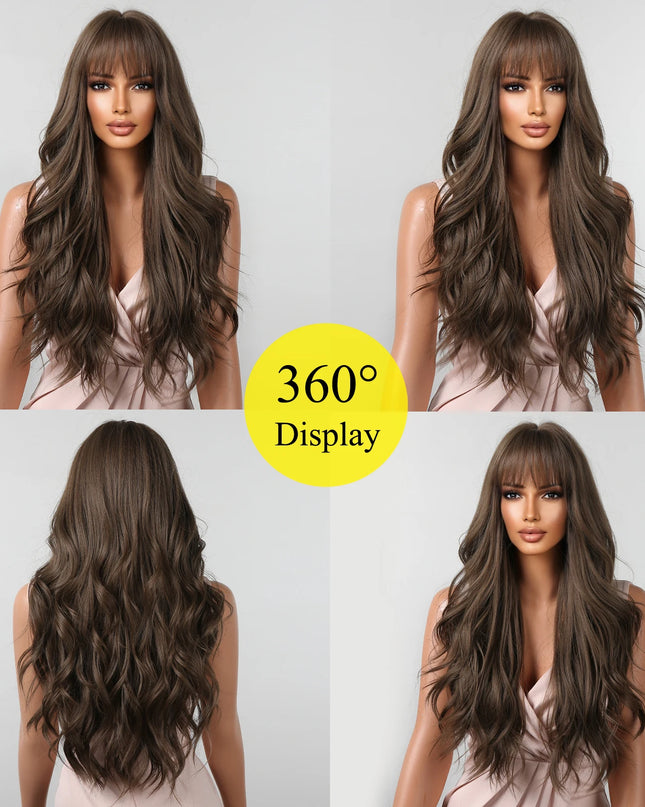 Brown Wavy Wigs for Women with Bangs Long Natural Synthetic Hair Wig Daily Cosplay Heat Resistant