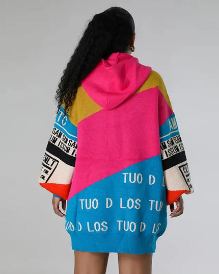 Oshfall European and American autumn and winter hooded drawstring long sleeves color matching letters loose long women's sweater