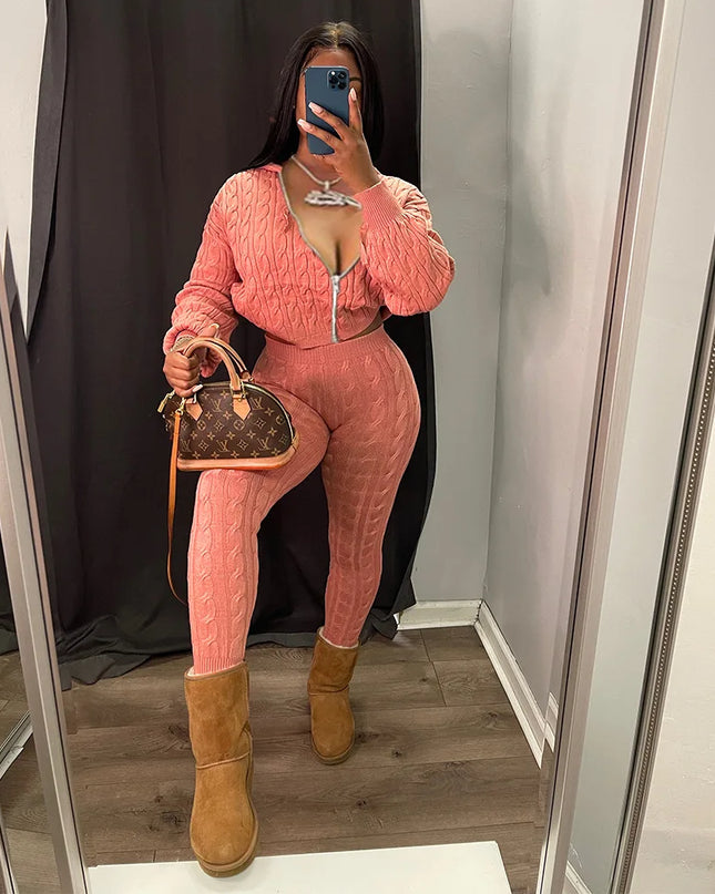 Women's Knit Hooded Sweater and Pants 2-Piece Set | Fall Winter Loungewear Outfit