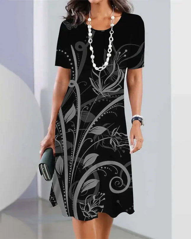 Summer Women's Dresses 3d Floral Print Black Dress with Short Sleeves and Elegant Floral Design