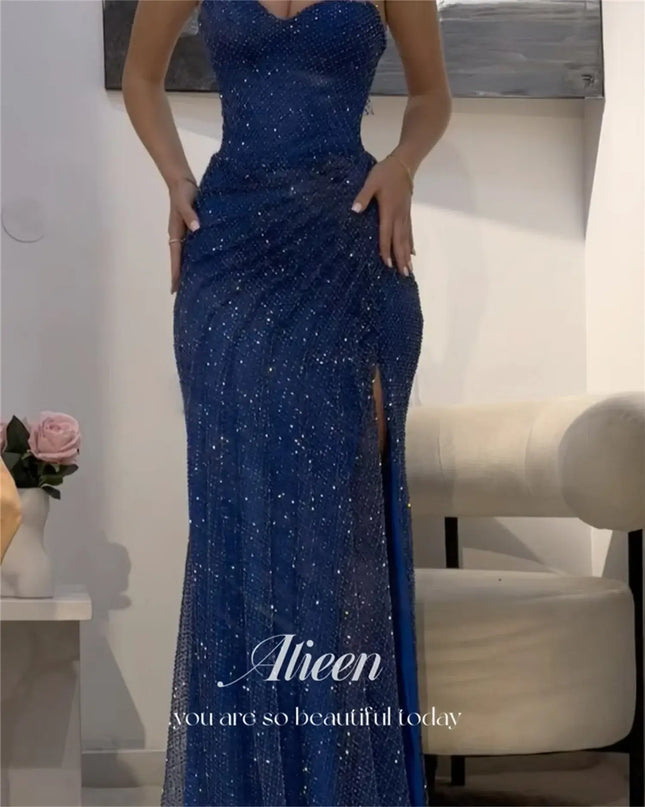 Aileen women's prom dress 2025 dark blue evening dress with sparkle and off-shoulder design for formal occasions.