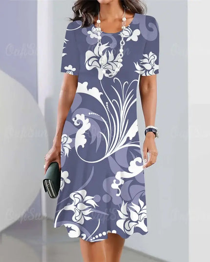 summer women's dresses 3d floral print in elegant design with short sleeves and A-line skirt.